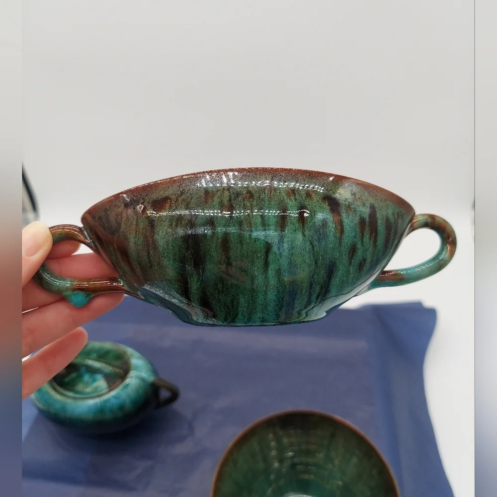 Bowl Sugar Open Sugar Blue Mountain Pottery Green Blue Redware Clay - Picture 8 of 9